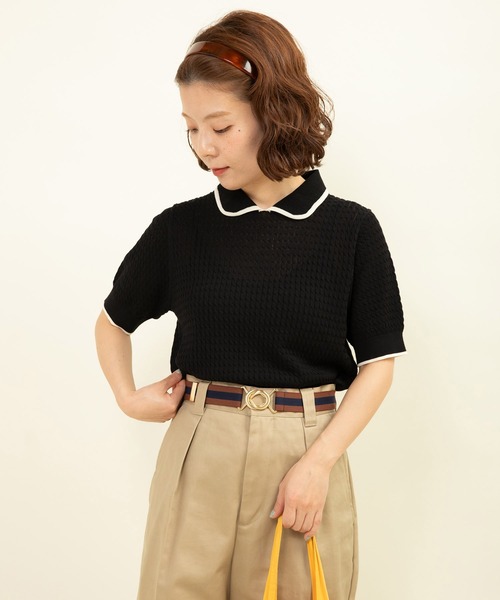 CHILD WOMAN ニット セーター coolcottonケーブル編み 丸襟半袖