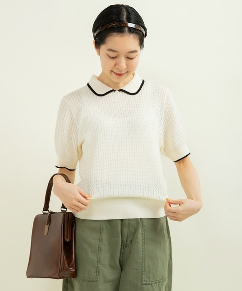 美品　人気完売品　CHILD WOMAN 半袖プルオーバー•ニット•セーター CHILD WOMAN ニット セーター coolcottonケーブル編み 丸襟半袖