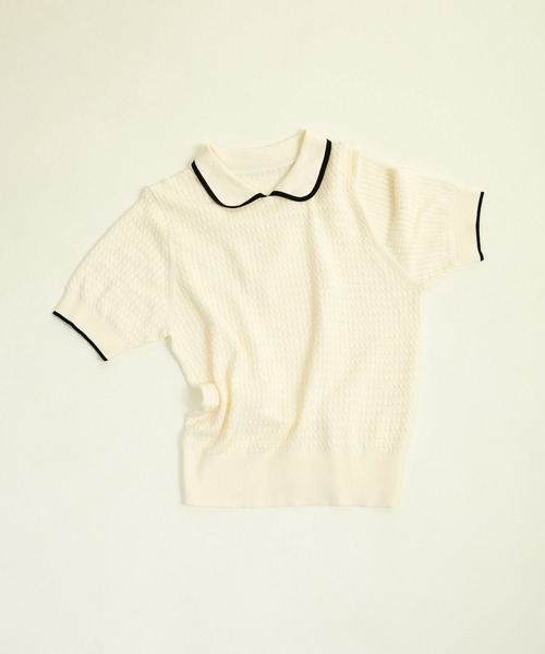 美品　人気完売品　CHILD WOMAN 半袖プルオーバー•ニット•セーター CHILD WOMAN ニット セーター coolcottonケーブル編み 丸襟半袖