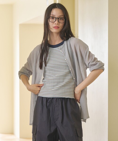 UNITED ARROWS リネン混半袖カーディガン グレー BEAUTY＆YOUTH UNITED ARROWS カーディガン 夏 クレープ クルーネック