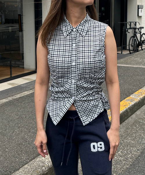 tシャツ シャーリング ノースリーブ フーディ トップス レディース tシャツ チェック柄 ドローストリング ノースリーブシャツ