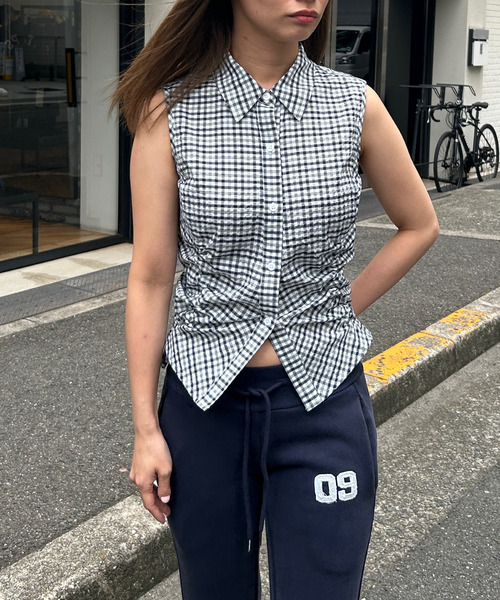 ブラウス シャツ ノースリーブカラーボタンプラケット ウエストドローストリングフリルチェックトップ レディース tシャツ チェック柄 ドローストリング ノースリーブシャツ
