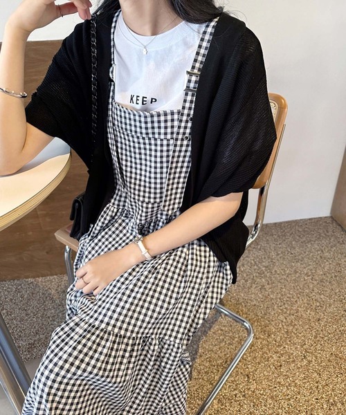 【人気 完売】ハッピーオーラ♡ギンガムチェック♪袖リボン付チュニック♡体型カバー ワンピース ギンガムチェックティアードフレアジャンパースカート