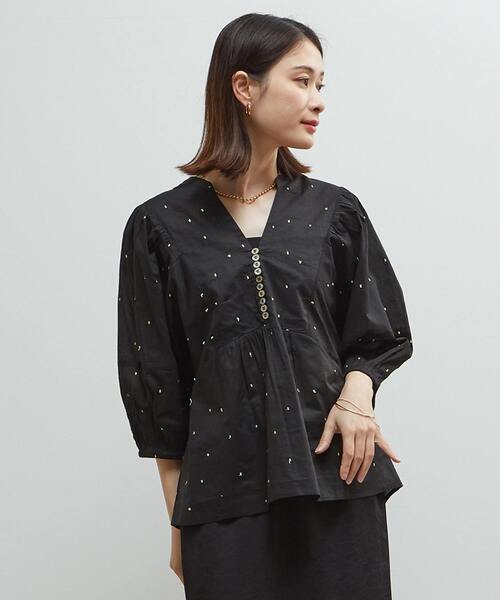 ブラウス シャツ インド綿ドット刺繍バックオープンブラウス レディース