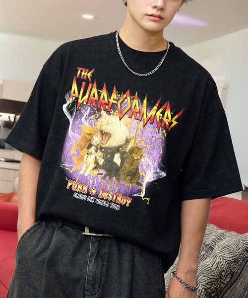 tシャツ 黒猫T ワイド トップス 半袖 グラフィック Tシャツ メンズ