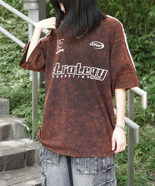 韓国 ストリート ユニフォーム Tシャツ 半袖 tシャツ グランジ風ケミカル加工×ゲームプリント / ヴィンテージ半袖T