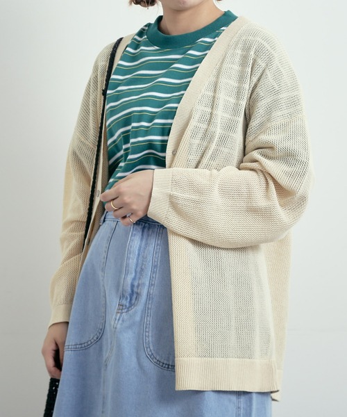 Samansa Mos2 カーディガン メッシュ編みVネックカーディガン