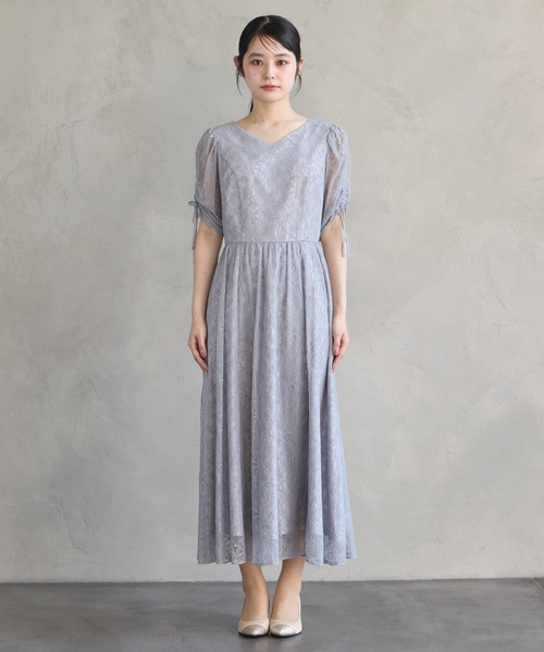 【美品】Aimer Vネックパーティードレス/ベルト/アクセサリー付き AIMER（エメ） ドレス 総レースドロストスリーブVネックフレア