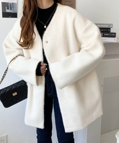 「moment+」 ノーカラーコート M アイボリー レディース_画像7