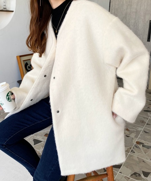 「moment+」 ノーカラーコート M アイボリー レディース_画像8