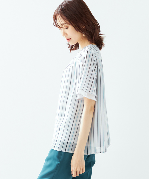 「A/C DESIGN BY ALPHA CUBIC」 半袖ブラウス M ライトグレー レディース_画像2