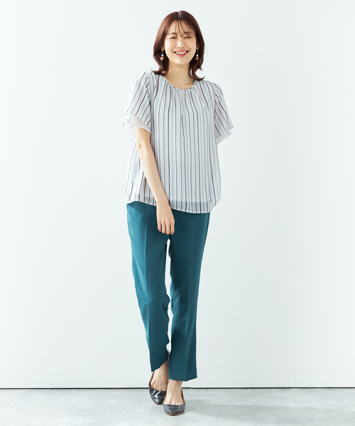 「A/C DESIGN BY ALPHA CUBIC」 半袖ブラウス M ライトグレー レディース_画像9