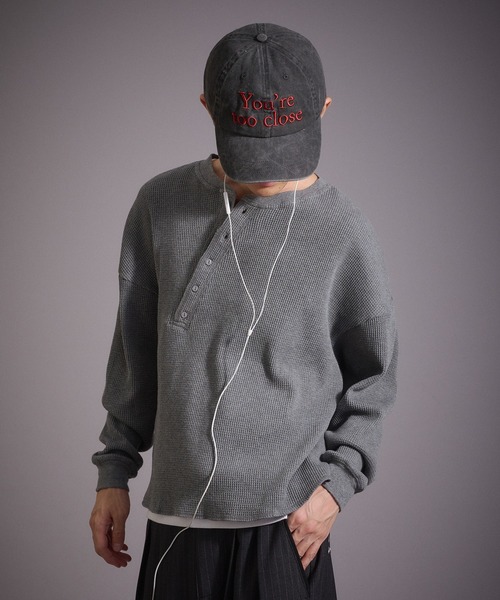 Perushu tシャツ デザインボタンヘンリーネックワッフルロンT メンズ