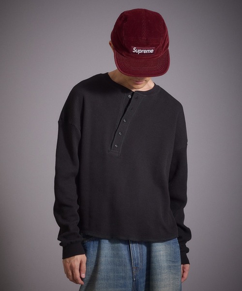 Perushu tシャツ デザインボタンヘンリーネックワッフルロンT メンズ