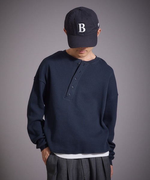 Perushu tシャツ デザインボタンヘンリーネックワッフルロンT メンズ