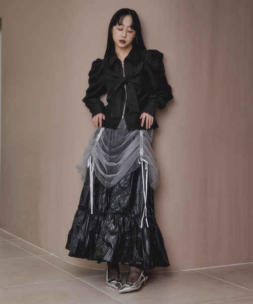 ジップリボントップス Ezick ブラウス シャツ ribbon zip shirt フロントリボンジップシャツ