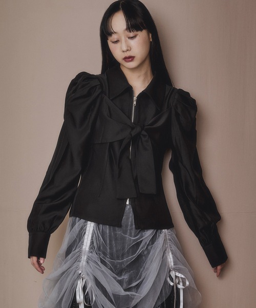 Ezick ブラウス シャツ ribbon zip shirt フロントリボンジップシャツ