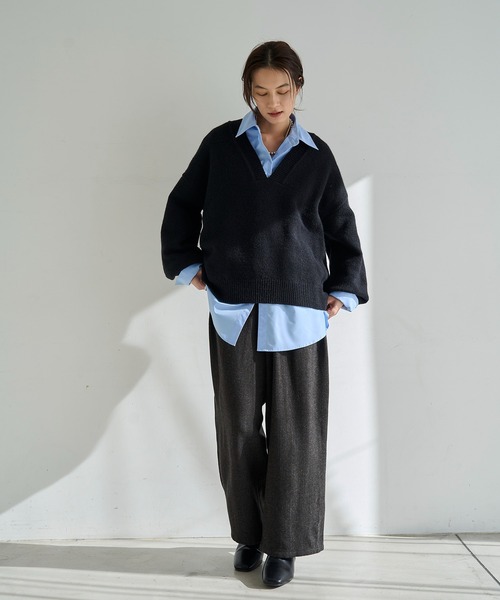 まみちゃん　eニット　グレー ELFRANK ニット セーター 「2025AW」タックスリーブ 襟付き ニット