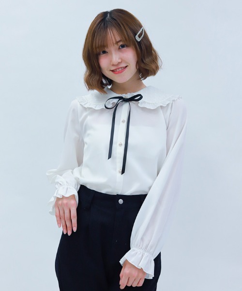 axes femme POETIQUE ブラウス シャツ ハートチュールビッグ襟ブラウス