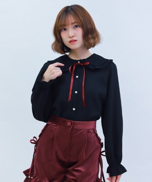 axes femme POETIQUE ブラウス シャツ ハートチュールビッグ襟ブラウス