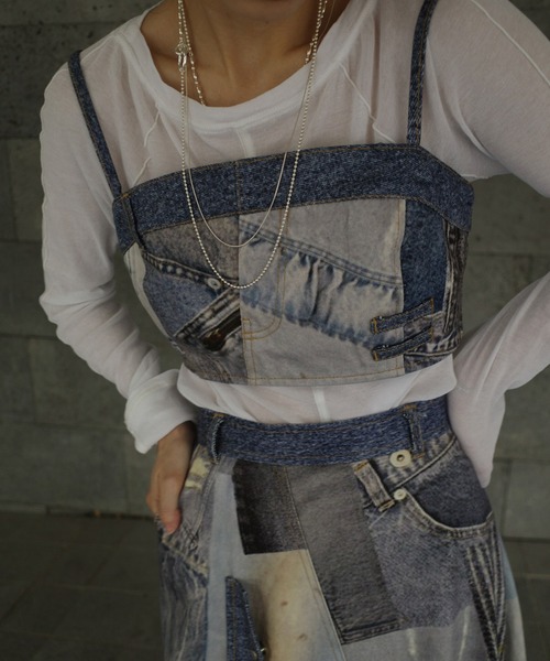 Ameri（アメリ） チューブトップ ベアトップ DENIM PATCHWORK PRINT