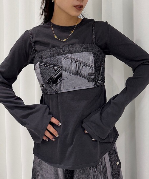 Ameri（アメリ） チューブトップ ベアトップ DENIM PATCHWORK PRINT