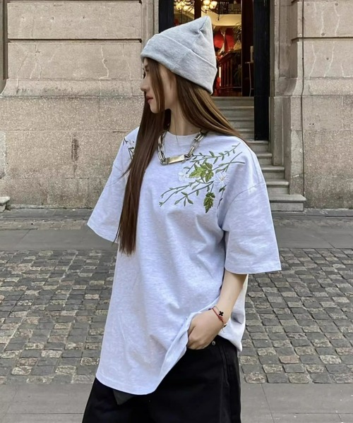 tシャツ 「26年春新作」ボタニカルフラワー刺繍ビッグシルエットロンT
