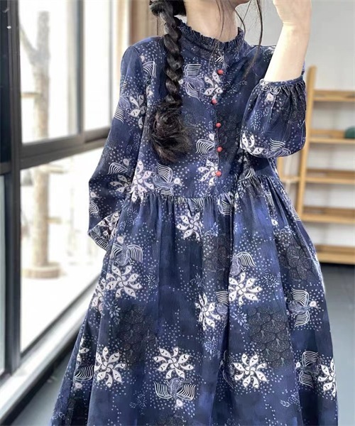 「Dream garden」 長袖ワンピース X-LARGE ネイビー レディース_画像4