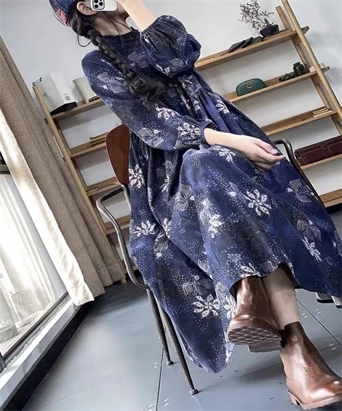 「Dream garden」 長袖ワンピース X-LARGE ネイビー レディース_画像9