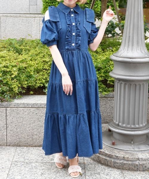 axes femme POETIQUE ワンピース リボンショルダーデニムOP