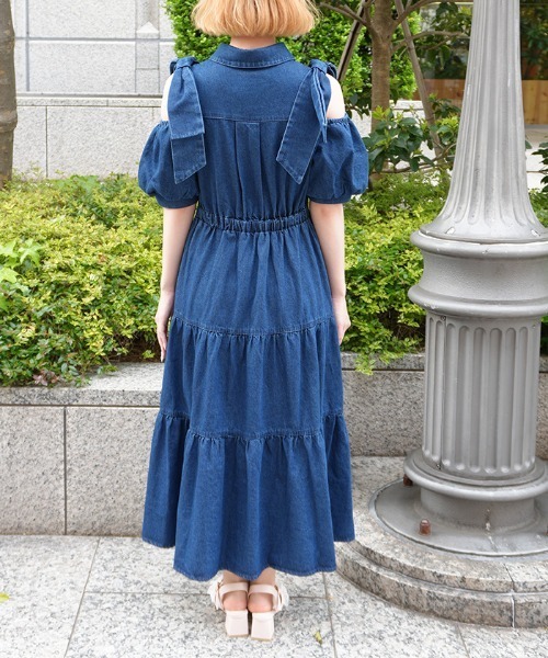 axes femme POETIQUE ワンピース リボンショルダーデニムOP