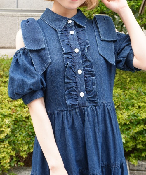 axes femme POETIQUE ワンピース リボンショルダーデニムOP