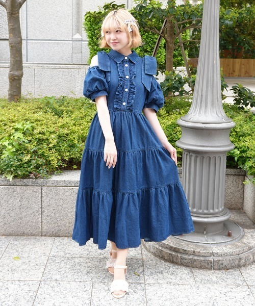 axes femme POETIQUE ワンピース リボンショルダーデニムOP