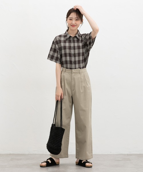 山と道　ウール100% チェック柄 半袖シャツ Mサイズ　レディース Honeys（ハニーズ） ブラウス シャツ 夏 半袖 チェック柄ショート