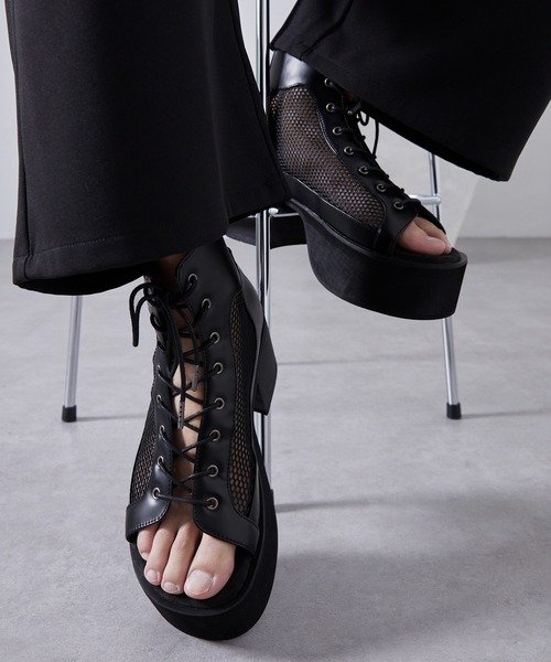 Loose(ルース) 厚底 サンダル メッシュ ヒールブーツサンダル(+8cm Loose(ルース) 厚底 サンダル メッシュ ヒールブーツサンダル(+8cm