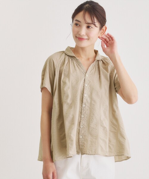 【美品】YAECA ベージュストライプギャザーシャツ　ライトギャザーブラウス LAURA ASHLEY（ローラアシュレイ） ブラウス シャツ 「日本製
