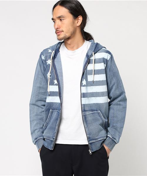 DENIM & SUPPLY Lサイズ 星条旗 ジップアップパーカー STYLEBLOCK（スタイルブロック） パーカー カットデニム星条旗プリント