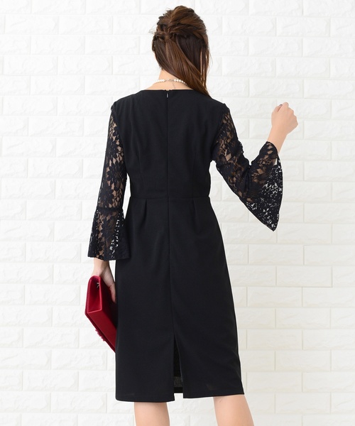 Lace Ladies ドレス 花柄レースフレア袖美ラインワンピース