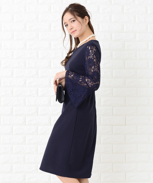 新作セール DKNY ワンピース 美ライン フレア ドレス Lace Ladies ドレス 花柄レースフレア袖美ラインワンピース