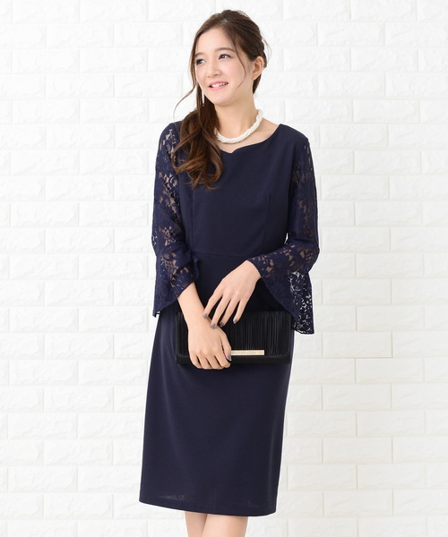 Lace Ladies ドレス 花柄レースフレア袖美ラインワンピース