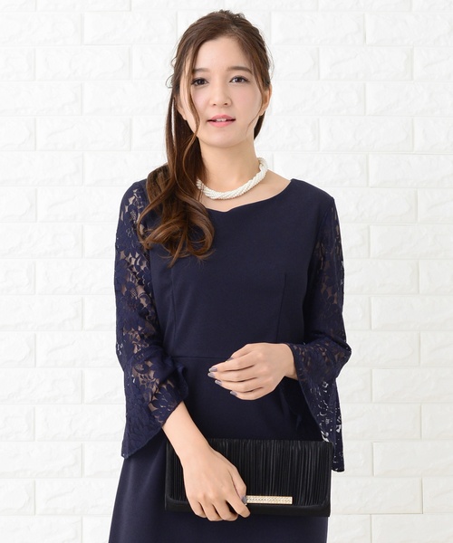 新作!   花柄 美ライン ワンピース Lace Ladies ドレス 花柄レースフレア袖美ラインワンピース