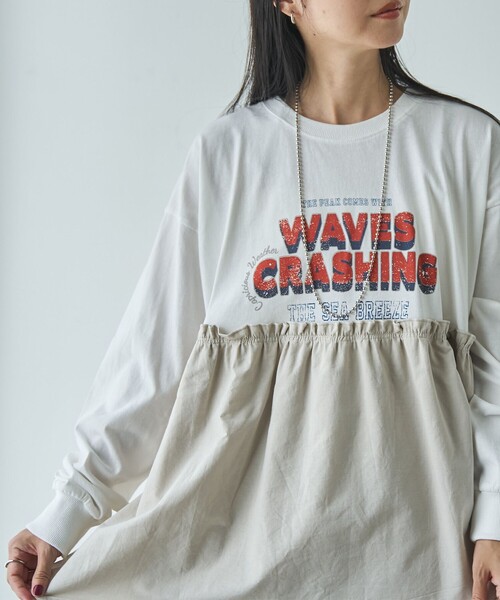 coen（コーエン） tシャツ フハクドッキングロゴプリントロング