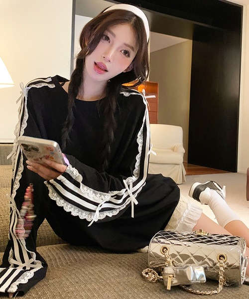 tシャツ レースラインロゴ刺繍リボンロンT レディース lilful tシャツ サイドレースリボン付きラインロンT レディース