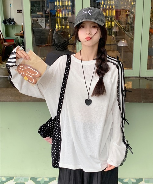 tシャツ レースラインロゴ刺繍リボンロンT レディース fiere tシャツ リボンガーリーロンT/長袖Tシャツ レディース