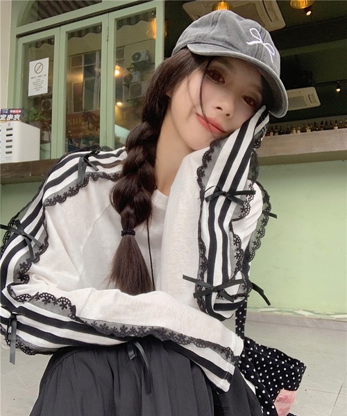 Mejoul tシャツ サイドラインレースリボン付き オーバーサイズロンT 