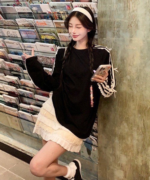 tシャツ レースラインロゴ刺繍リボンロンT レディース fiere tシャツ リボンガーリーロンT/長袖Tシャツ レディース