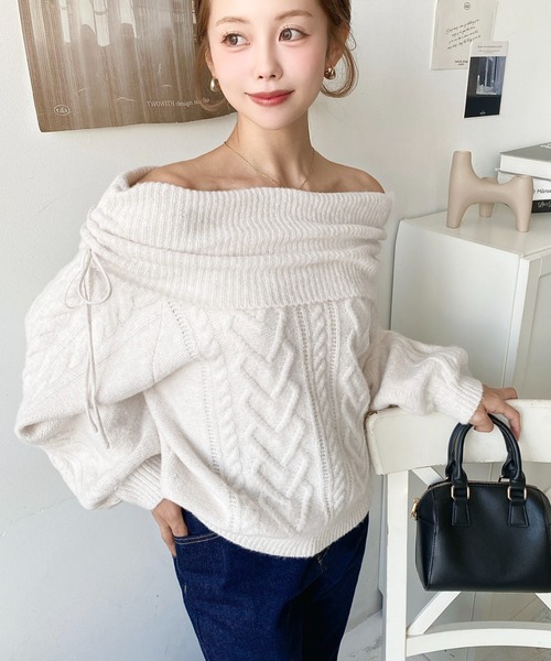 moment+ ニット セーター ハートケーブルドロストリボンオフショル