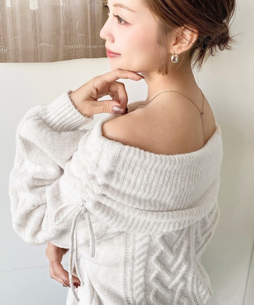 moment+ ニット セーター ハートケーブルドロストリボンオフショル