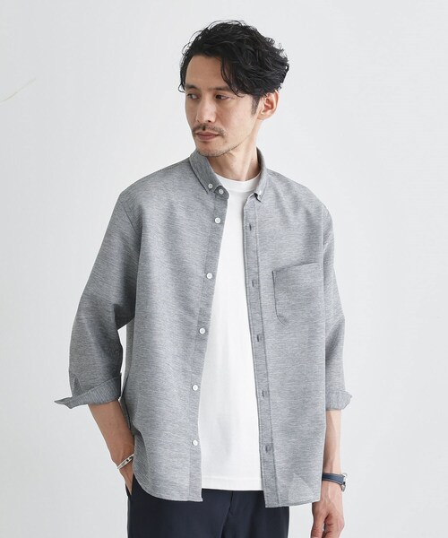 CALEE / 7分袖シャツ/M/レーヨン/グレー/フェザー柄 TAKEO KIKUCHI（タケオキクチ） シャツ 「Sサイズ〜」カラミ織り 7分袖