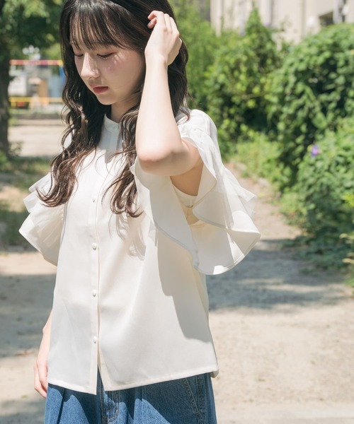 美品　トゥモローランド　パンチング加工　ノーカラー　シャツ　ブラウス　チュニック AMERICAN HOLIC ブラウス シャツ 「WEB限定」接触冷感バンド